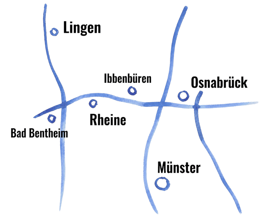 Skizzenhafte Karte mit den Regionen Lingen, Rheine, Ibbenbüren, Osnabrück und Münster